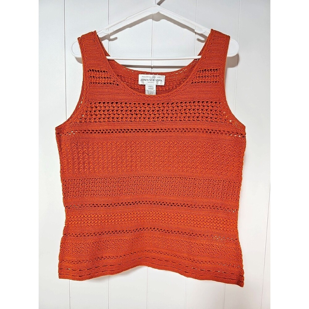 Vtg Jones New York Hand Knit Tank Top Womens Large Orange Boho Cotton Crochet